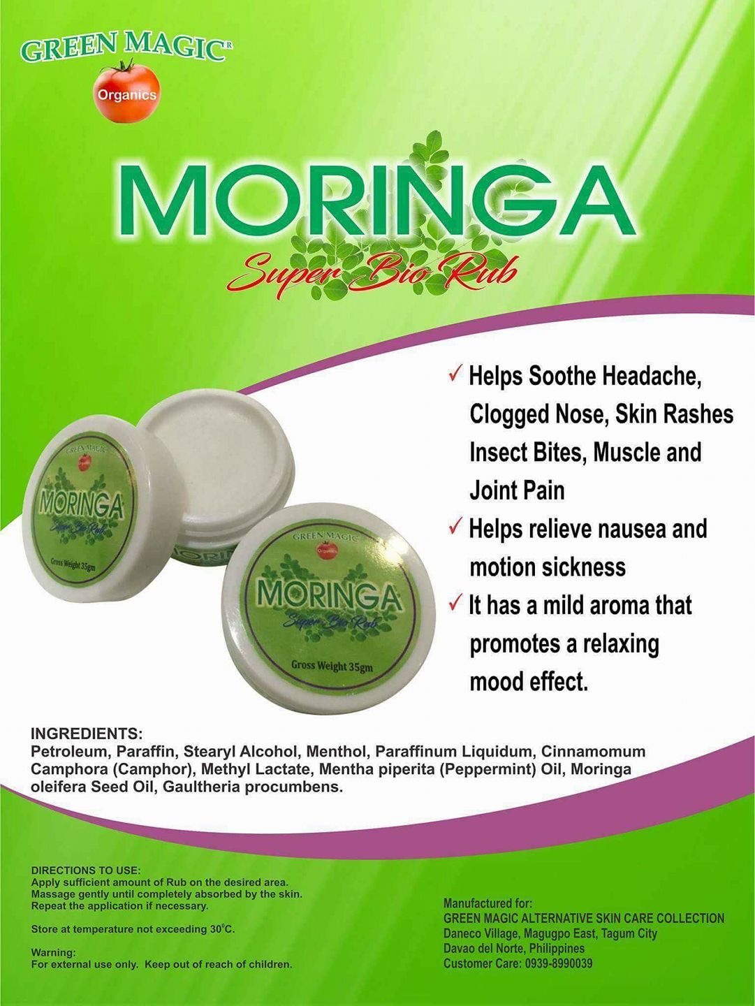 Green Magic Organics MORINGA SUPER BIO RUB for Insect Bites, Muscle Pains and More