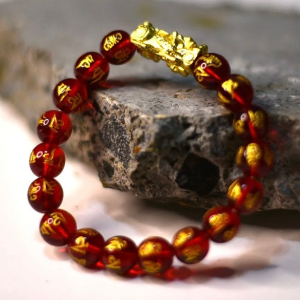 Tibetan Six-Word Mantra Carved Red Crystals Bracelet with 18K Gold-Plated Pi Yao