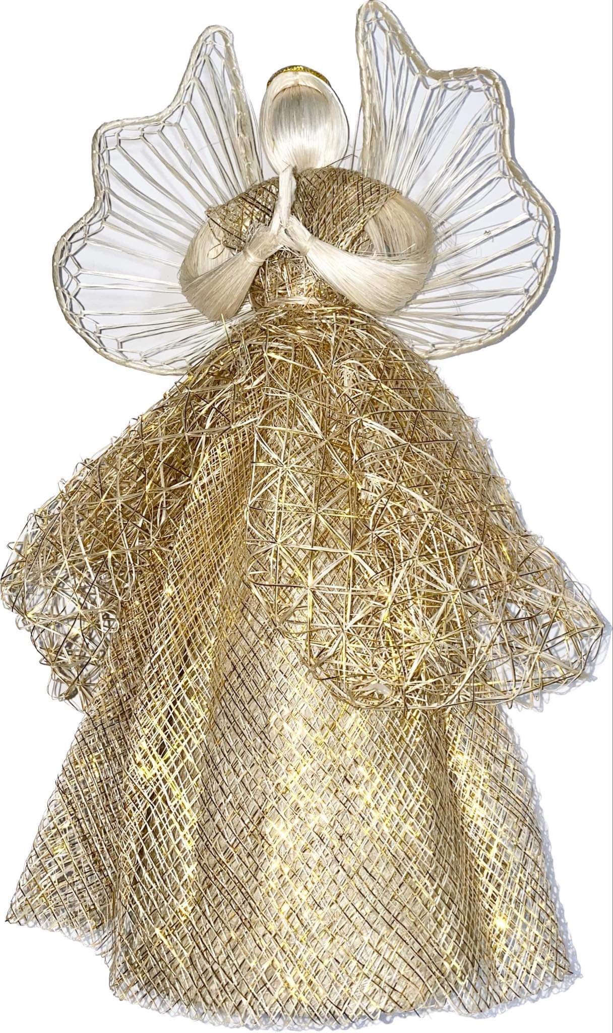 Sinamay & Burlap Fairy Angels 12 inches Tall Christmas Topper or Decorative Piece in Gold and Multi-shape Wings