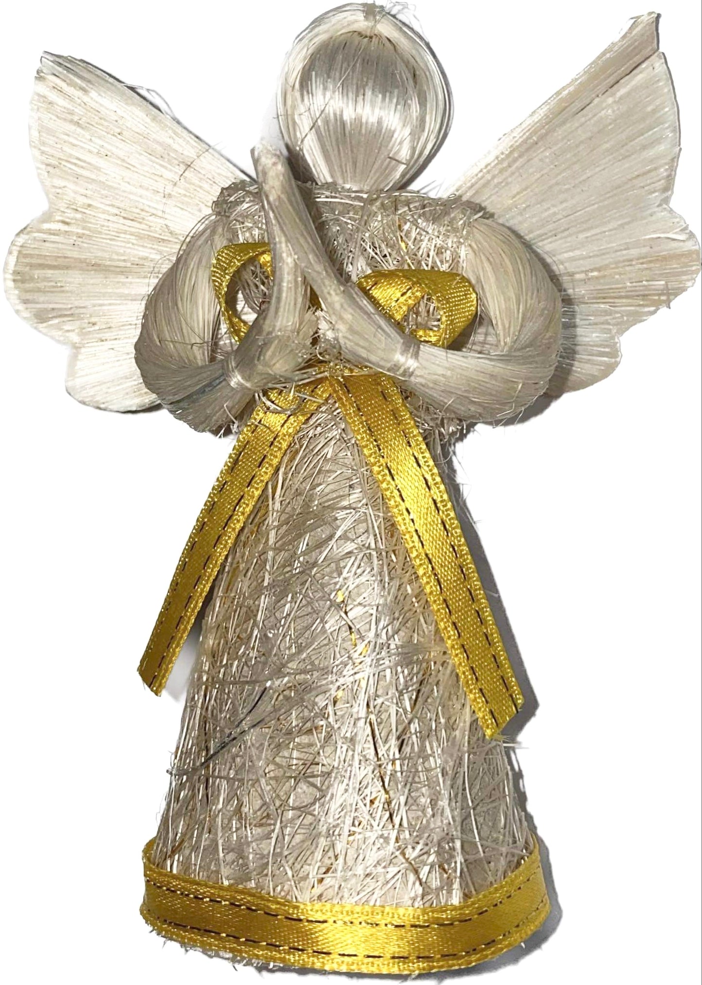 Abaca Angel Trimming Ornament - 4 inches Height - White with Yellow Ribbons