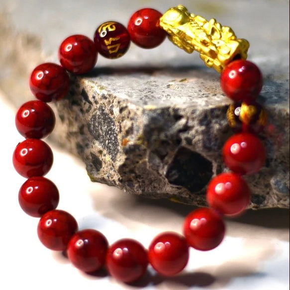 Tibetan Six-Word Mantra Carved Red Coral Bracelet with 18K Gold-Plated Pi Yao