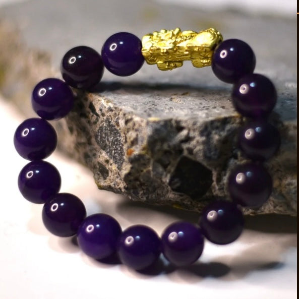 Dark Purple Amethyst Bracelet with 18K Gold-Plated Pi Yao