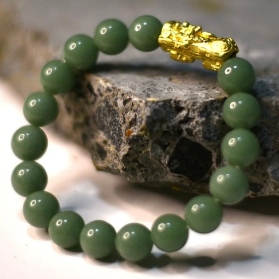 Genuine Jade Bracelet with 18K Gold-Plated Dragon Pi Yao