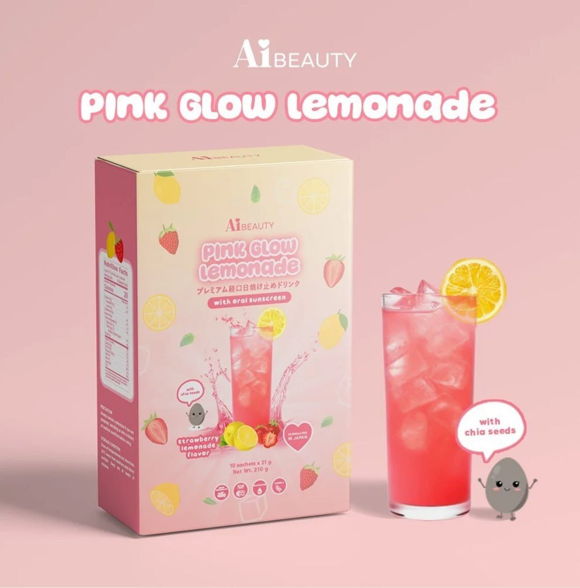 AiBeauty Pink Glow Lemonade Strawberry‑Lemon Elixir with Chia Seeds & Skin‑Loving Actives