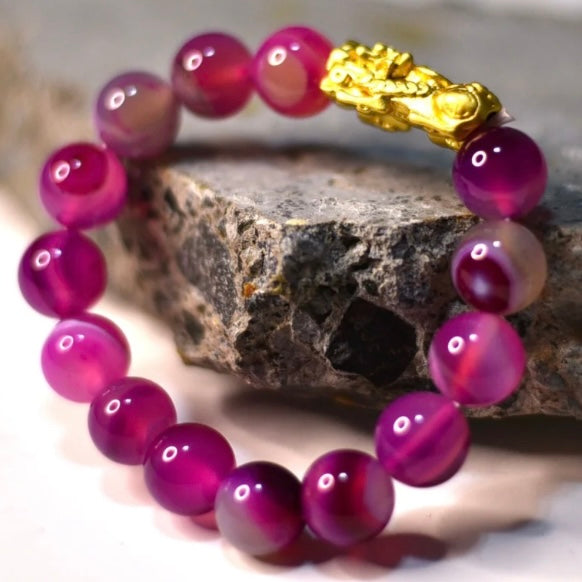 Magenta Crystal Bracelet with 18K Gold-Plated Dragon Pi Yao