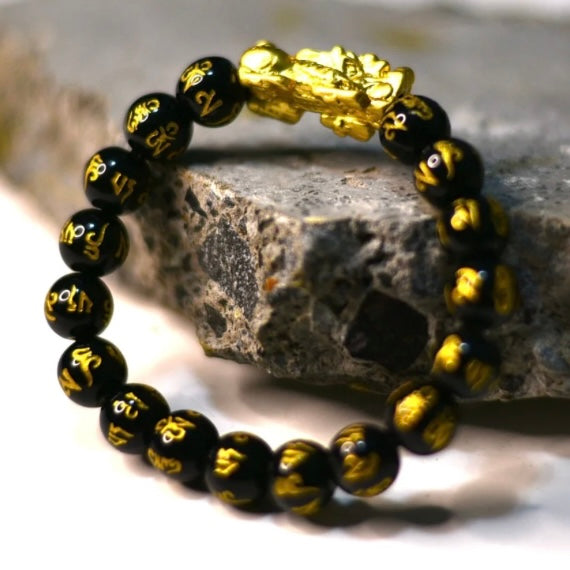 Tibetan Six-Word Mantra Carved Black Crystals Bracelet with 18K Gold-Plated Pi Yao