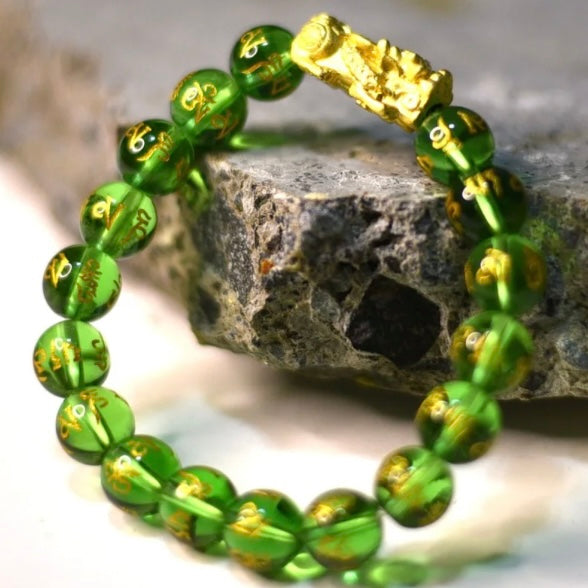 Tibetan Six-Word Mantra Carved Green Crystals Bracelet with 18K Gold-Plated Pi Yao