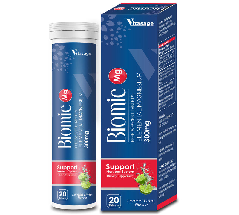 Vitasage Biomic MG - Elemental Magnesium 300mg - EVT | 20 Tablets | Lemon Lime Flavor