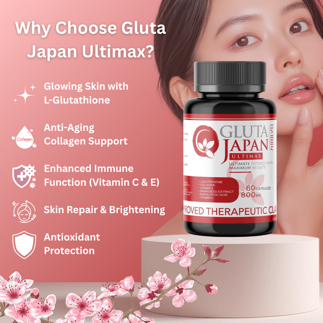 Kimiyo GLUTA JAPAN ULTIMAX 60 Capsules | 800mg – Premium Japanese Glutathione Supplement for Radiant Skin