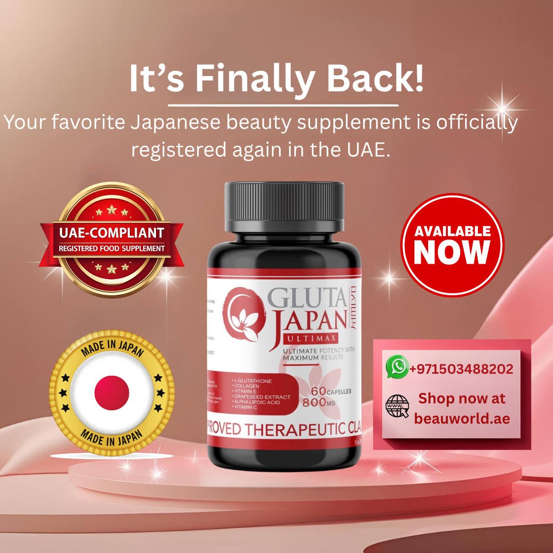Kimiyo GLUTA JAPAN ULTIMAX 60 Capsules | 800mg – Premium Japanese Glutathione Supplement for Radiant Skin