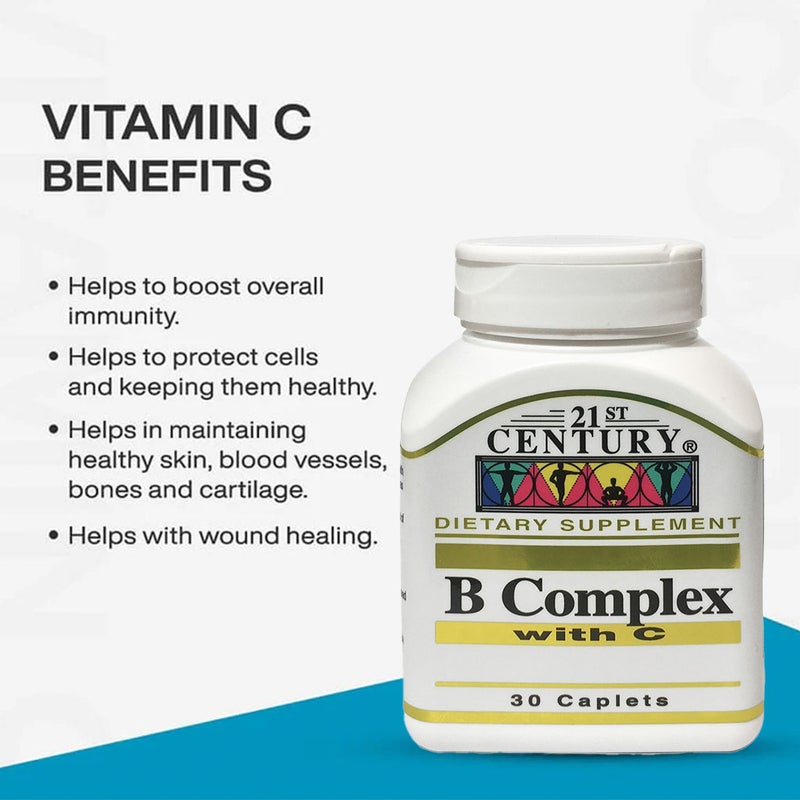 21st Century B Complex With Vitamin C Caplets For Energy & Immune Support, Pack of 30