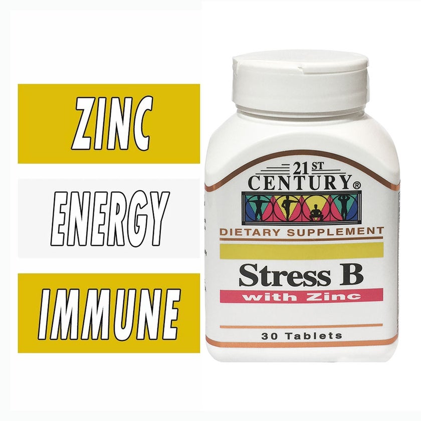 21st Century Stress B with Zinc tablets For Energy & Immune Support, Pack of 30