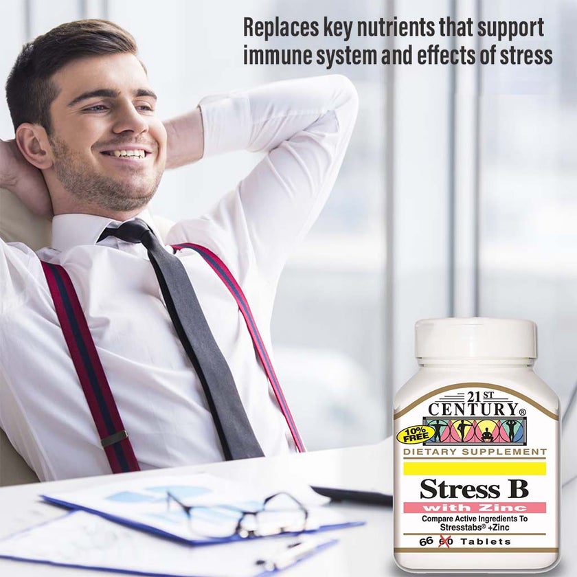 21st Century Stress B with Zinc tablets For Energy & Immune Support, Pack of 66