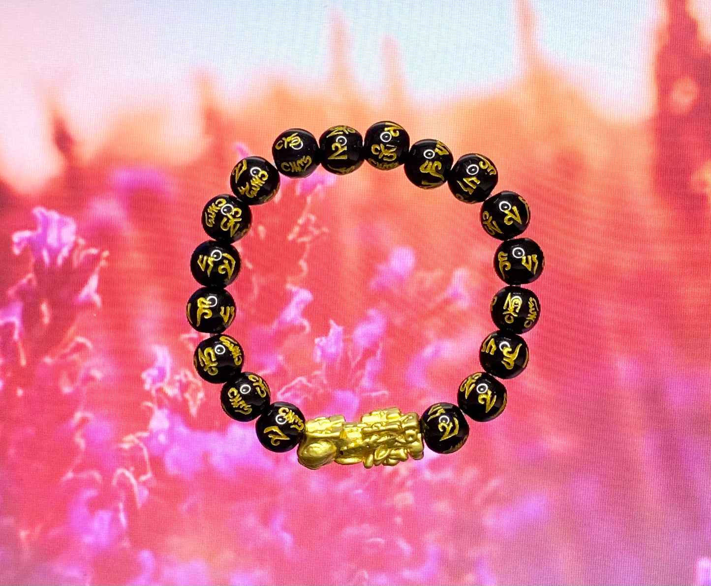 Tibetan Six-Word Mantra Carved Black Coral Bracelet with 18K Gold-Plated Pi Yao