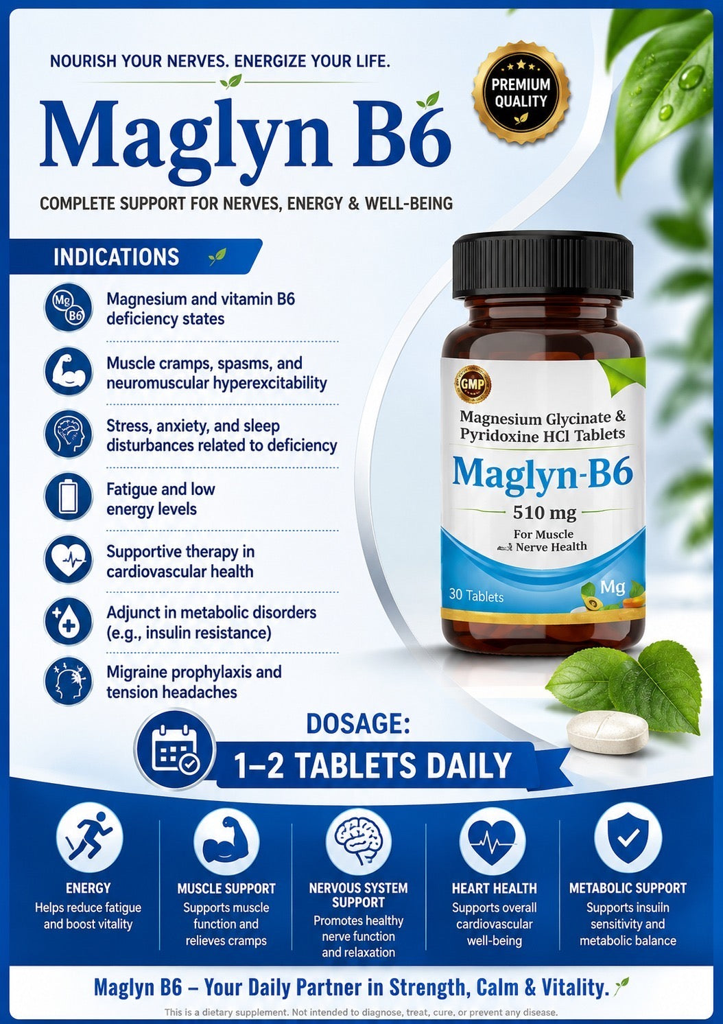 Maglyn B6 510mg 30 Tablets for Muscle and Nerve Health