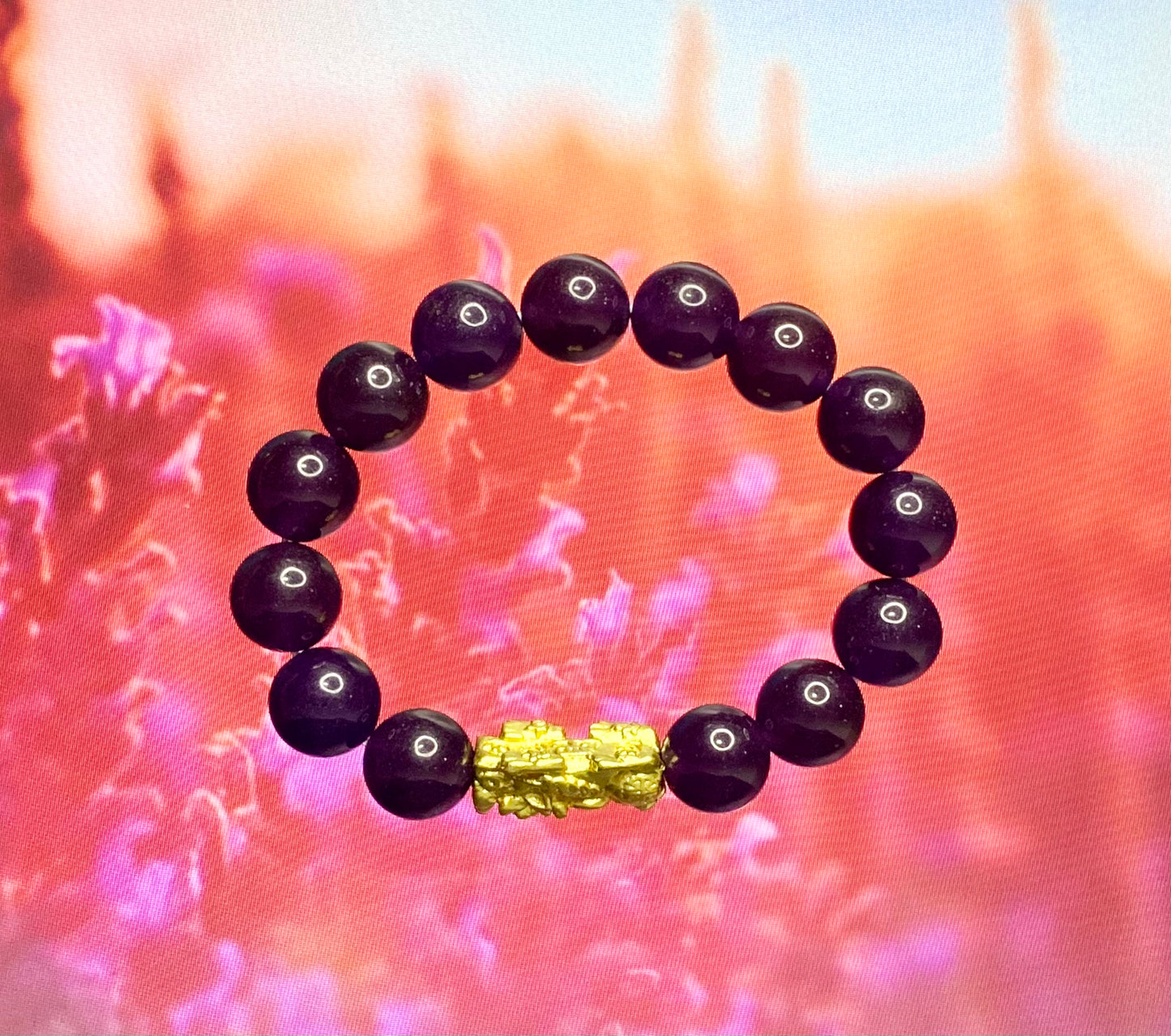 Dark Purple Amethyst Bracelet with 18K Gold-Plated Pi Yao