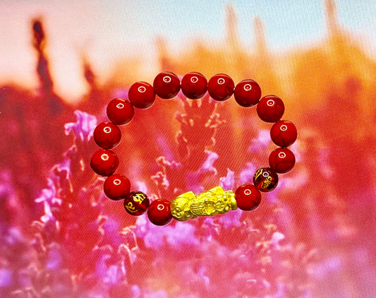 Tibetan Six-Word Mantra Carved Red Coral Bracelet with 18K Gold-Plated Pi Yao