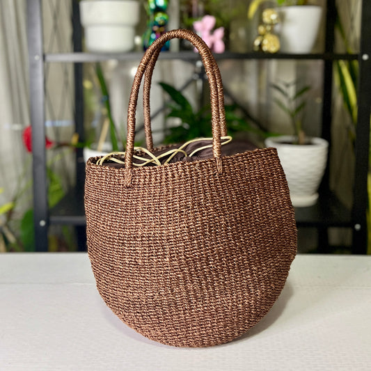 Brown Abaca Bucket Bag with Lining and Drawstring Closure (16 inch Height and 8 inch Diameter)