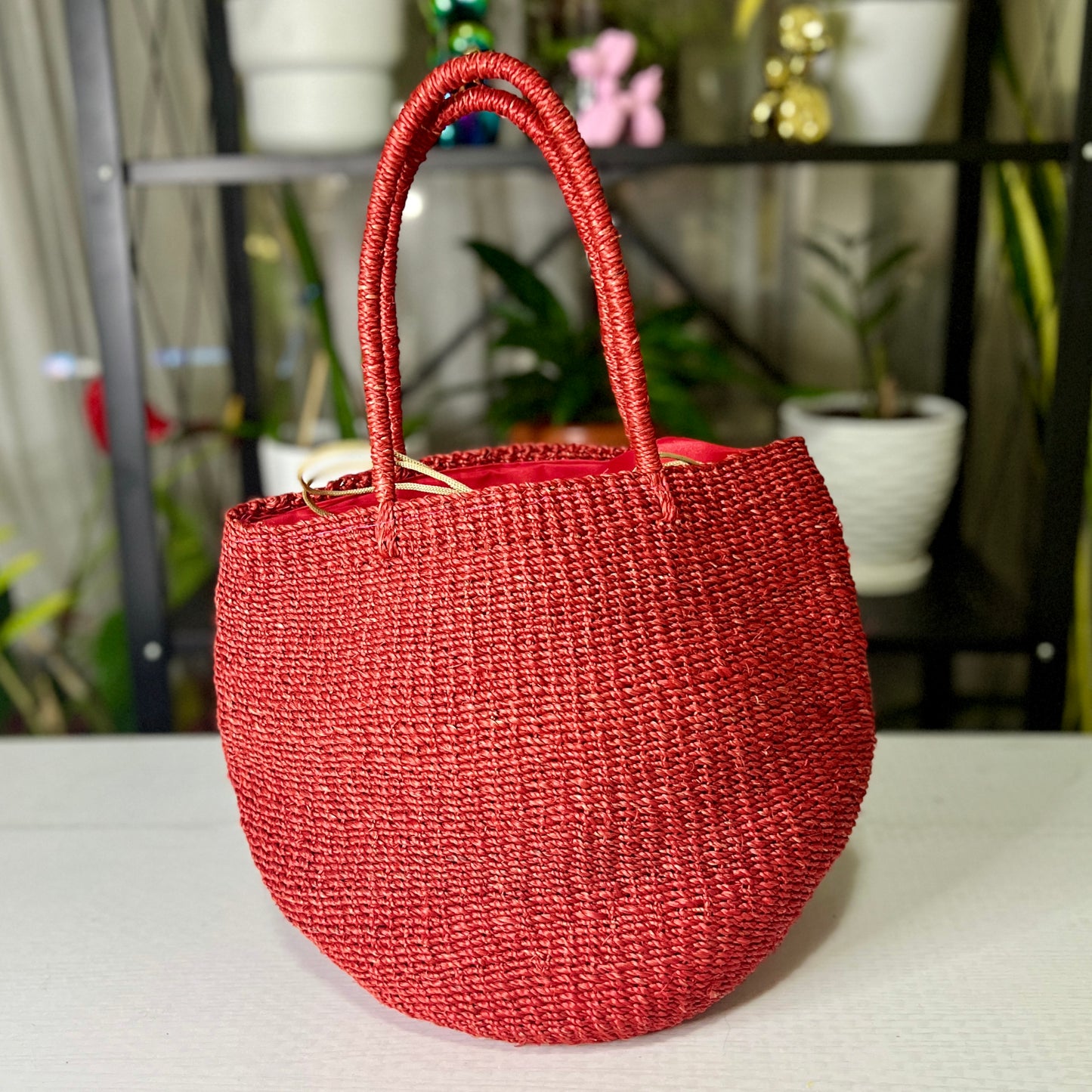 Red Abaca Bucket Bag with Lining and Drawstring Closure (16 inch Height and 8 inch Diameter)