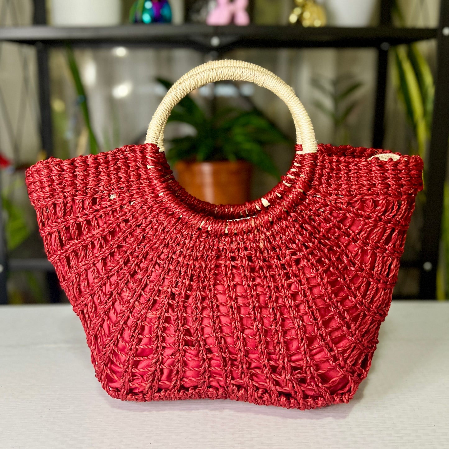 Red Havana Bag: Made with Abaca, with Lining, and Chic WHITE Raffia Twilly Accent (14x4x12 inch LWH)