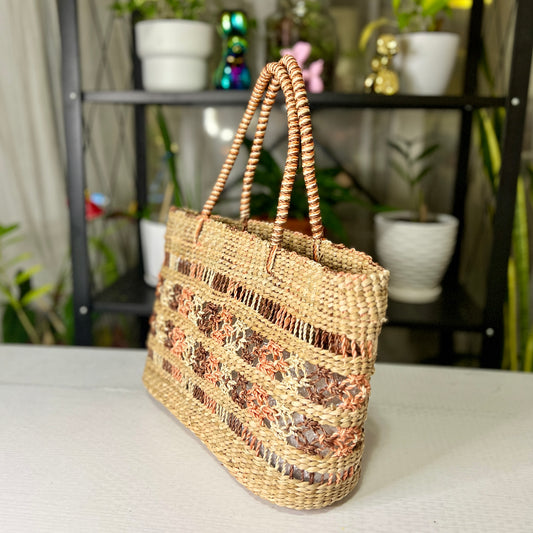 Macrame Abaca and Seagrass Handbag with White, Orange, Brown and White Color