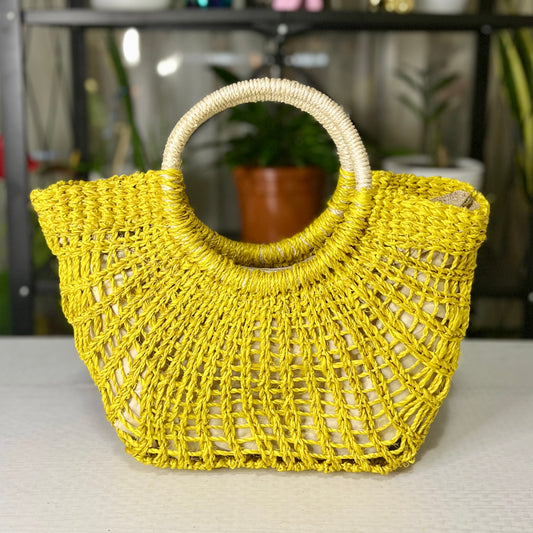 Yellow Havana Bag: Made with Abaca, Lining, and Stylish WHITE Raffia Twilly Handle Cover