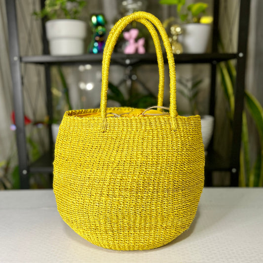 Yellow Abaca Bucket Bag with Lining and Drawstring Closure (16 inch Height and 8 inch Diameter)