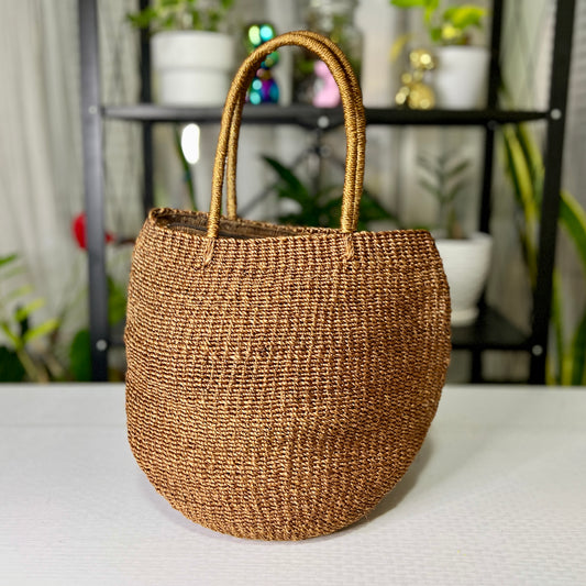 Brown - Abaca Bucket Bag with Lining and Zipper Lock (16inch height x 8 inch diameter)