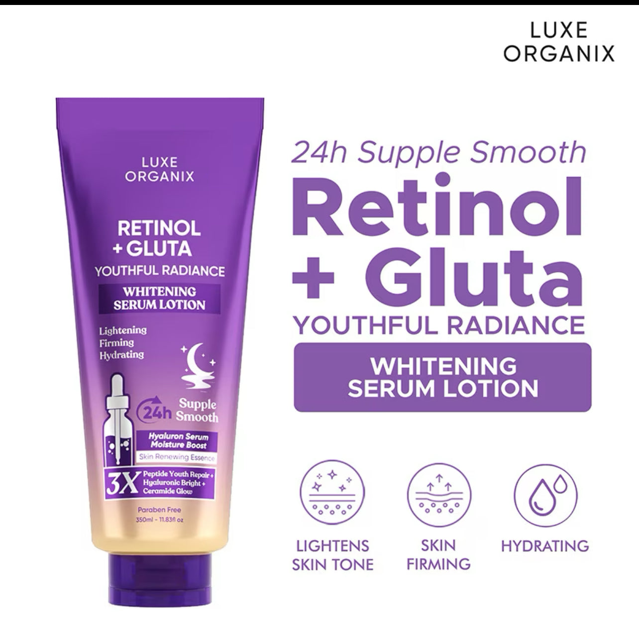 Luxe Organix Retinol + Gluta Youthful Radiance™ Whitening Serum Lotion 350 ml | Lightweight • Non‑Sticky • Moisture‑Lock