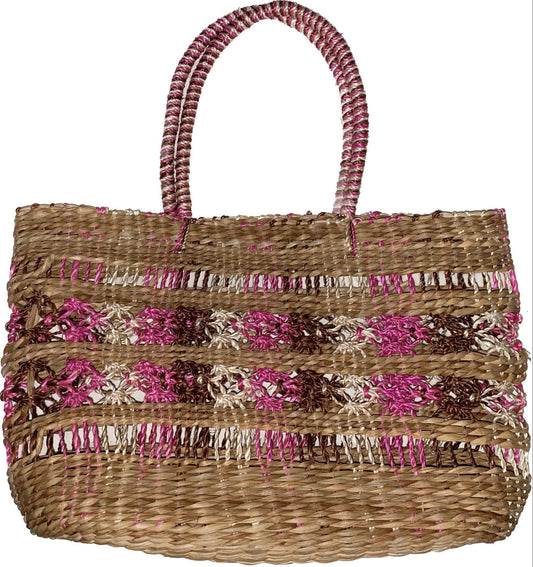 Macrame Abaca and Seagrass Handbag with White, Pink, Brown and White Color (15x4x15 inch LWH)