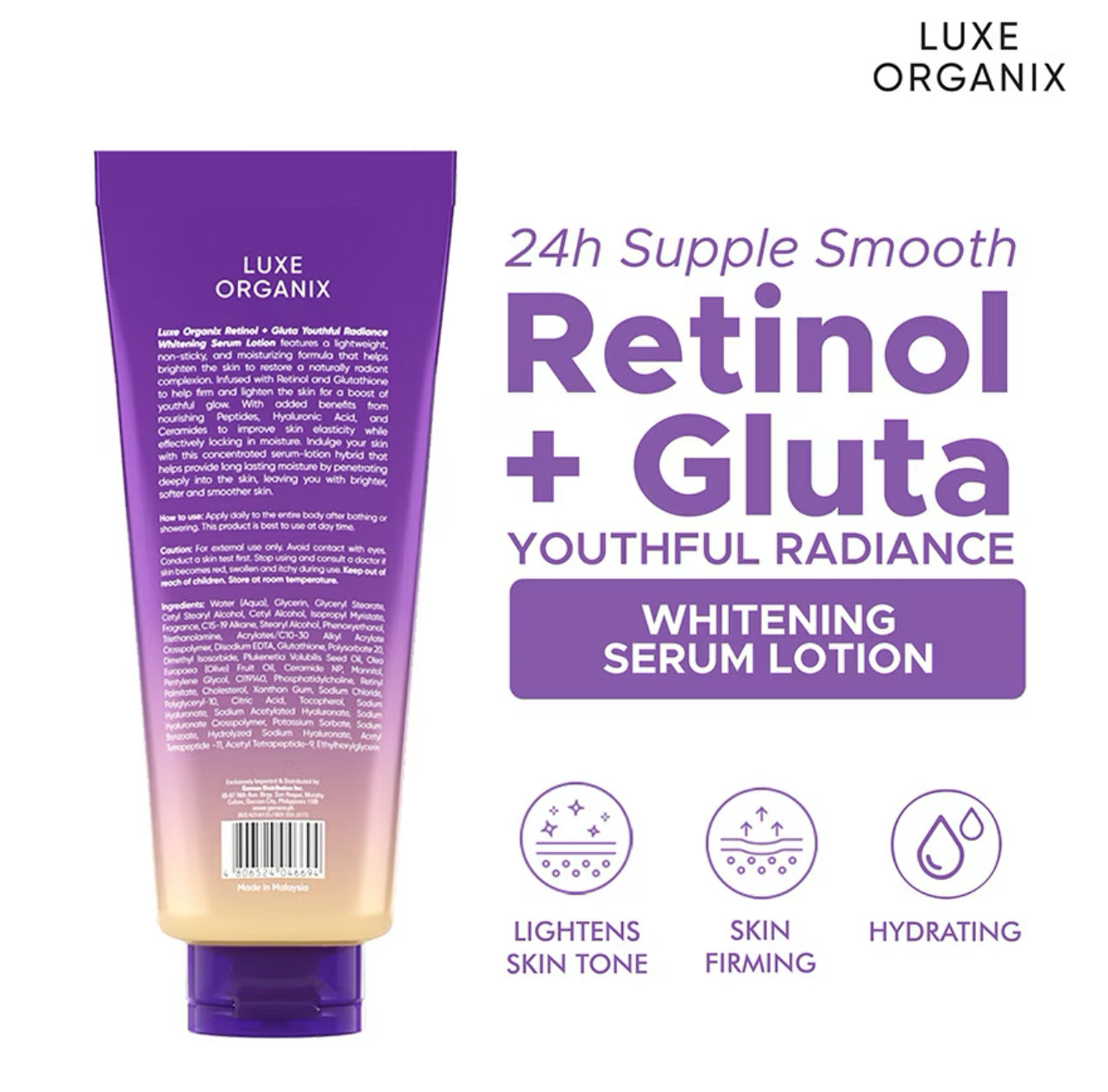 Luxe Organix Retinol + Gluta Youthful Radiance™ Whitening Serum Lotion 350 ml | Lightweight • Non‑Sticky • Moisture‑Lock